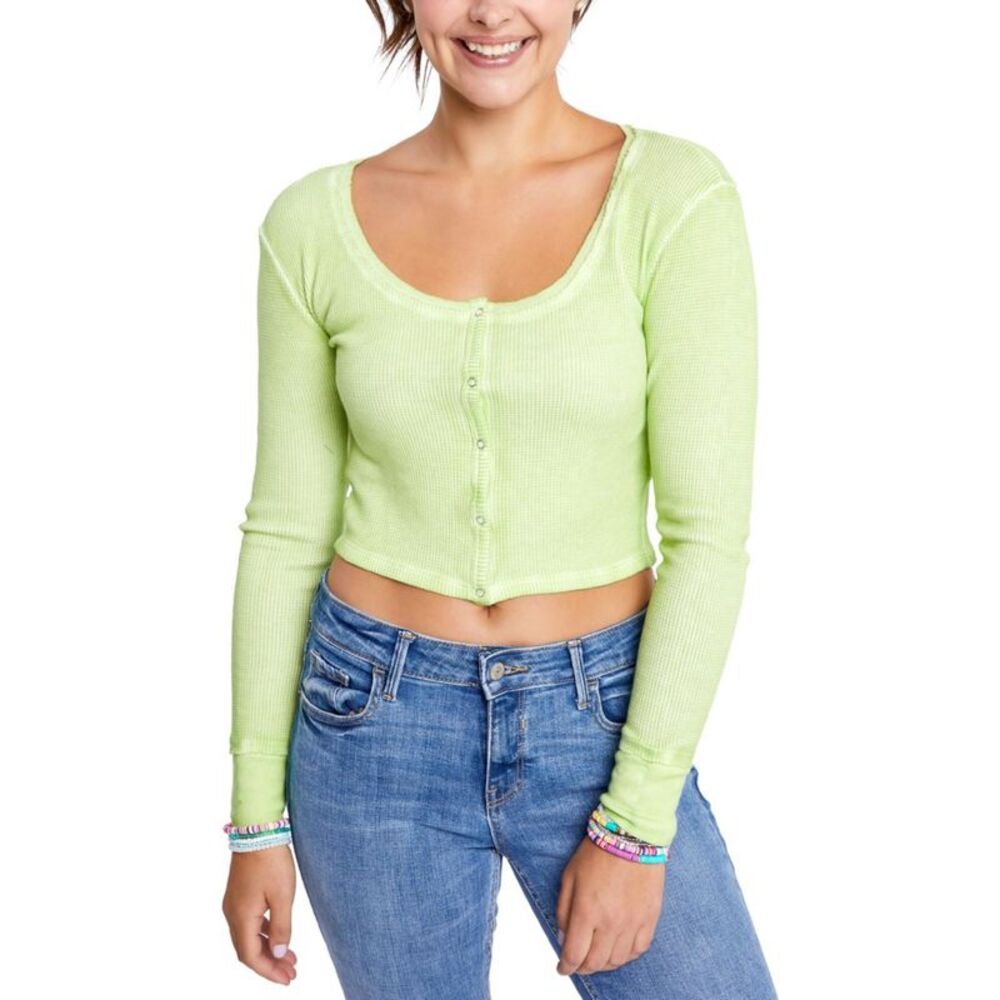 NWT SUNDOWN BY SPLENDID Womens Crop Top Green Thermal Front Trim Juniors L